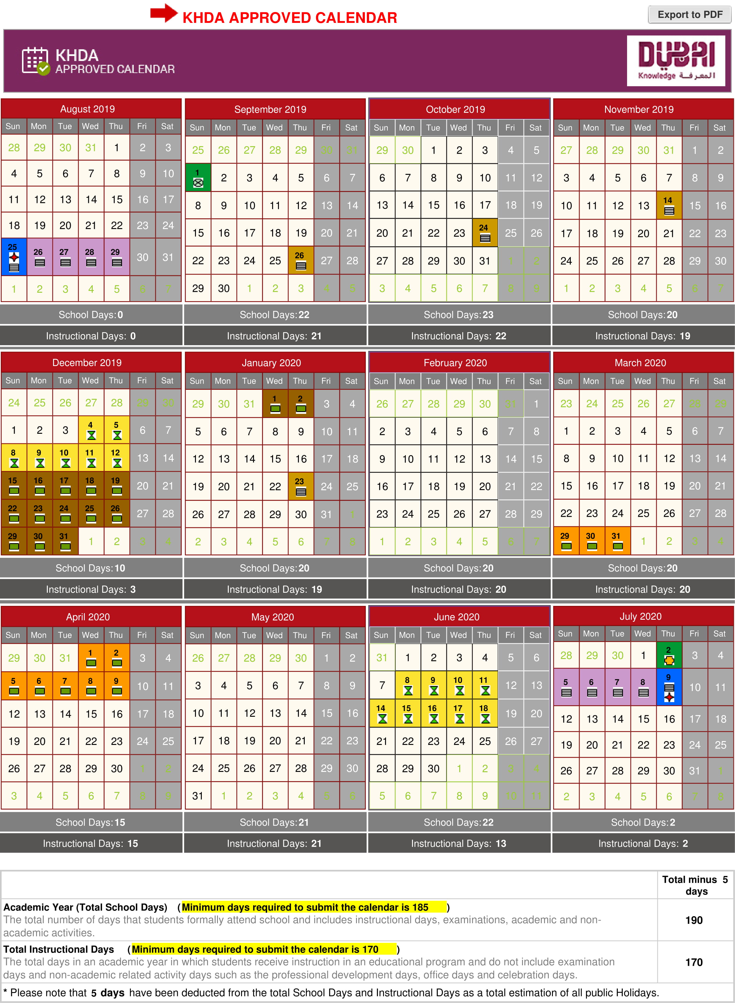 Dubai Modern Education School Academic Calendar 201920